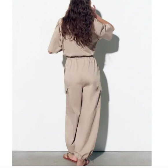 NWT ZARA FULL LENGTH Poplin GABARDINE JUMPSUIT Beige  Cargo Pocket Blogger Fave - Picture 6 of 14